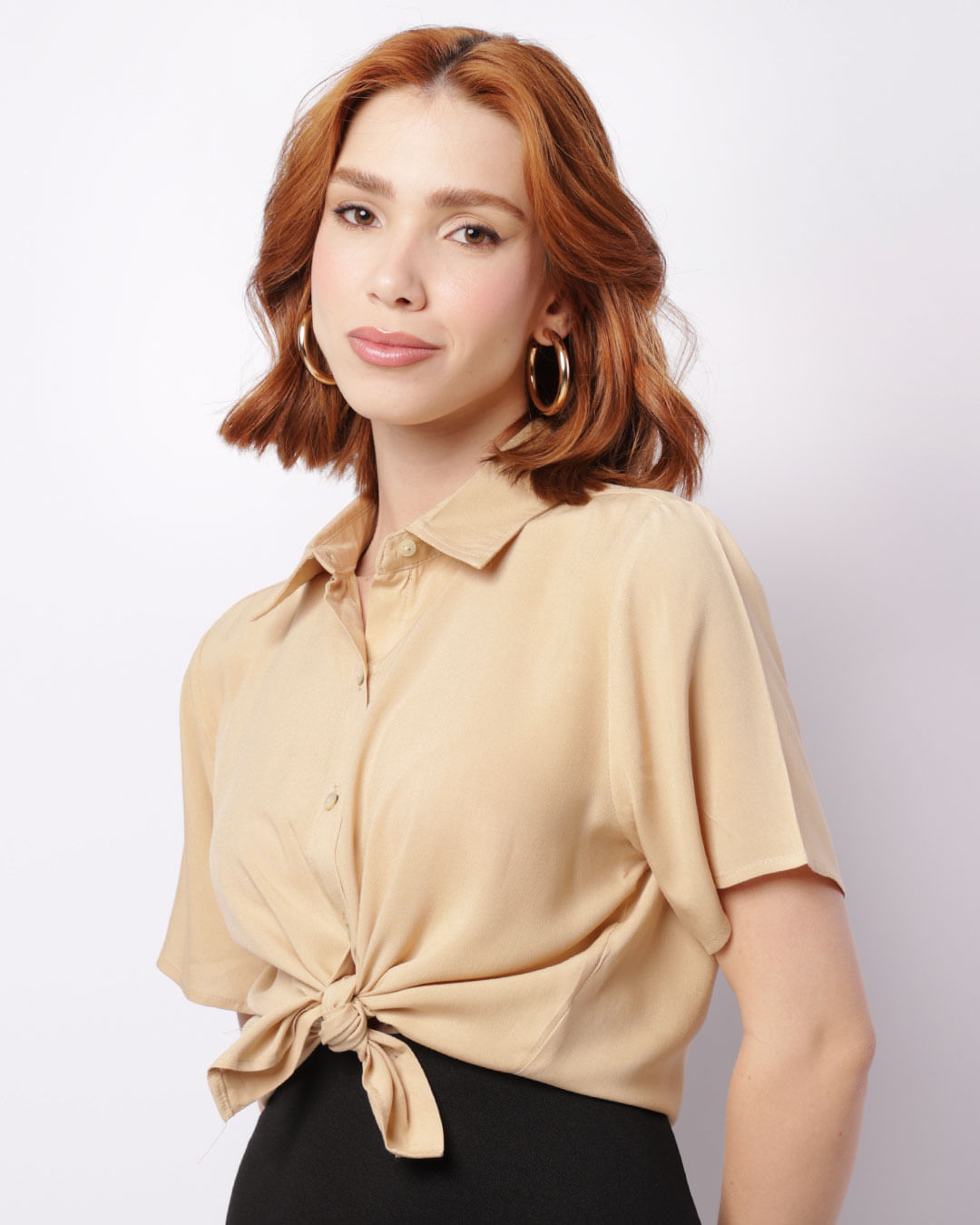 Camisa Feminina Viscose Manga Curta Bege