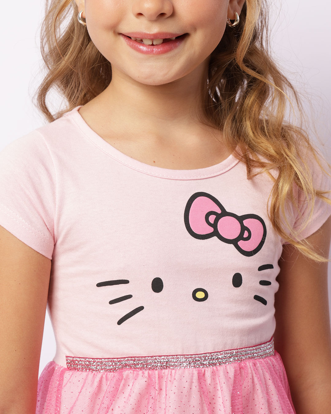 Vestido Infantil Sanrio Tule Com Glitter Estampa Hello Kitty Rosa