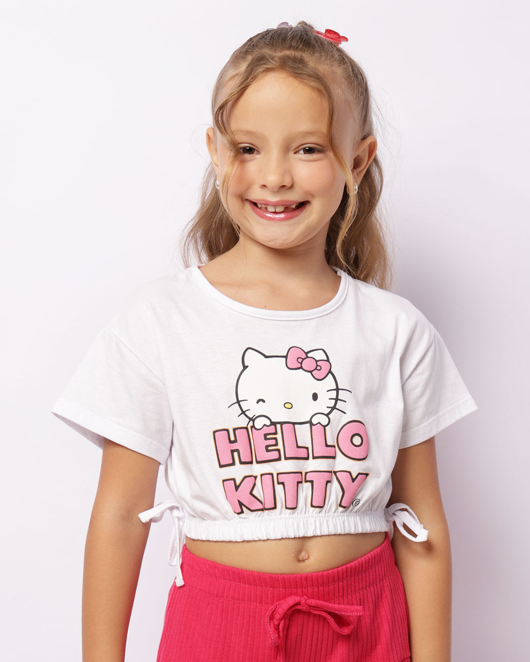 Blusa Infantil Cropped Hello Kitty Elástico Branca