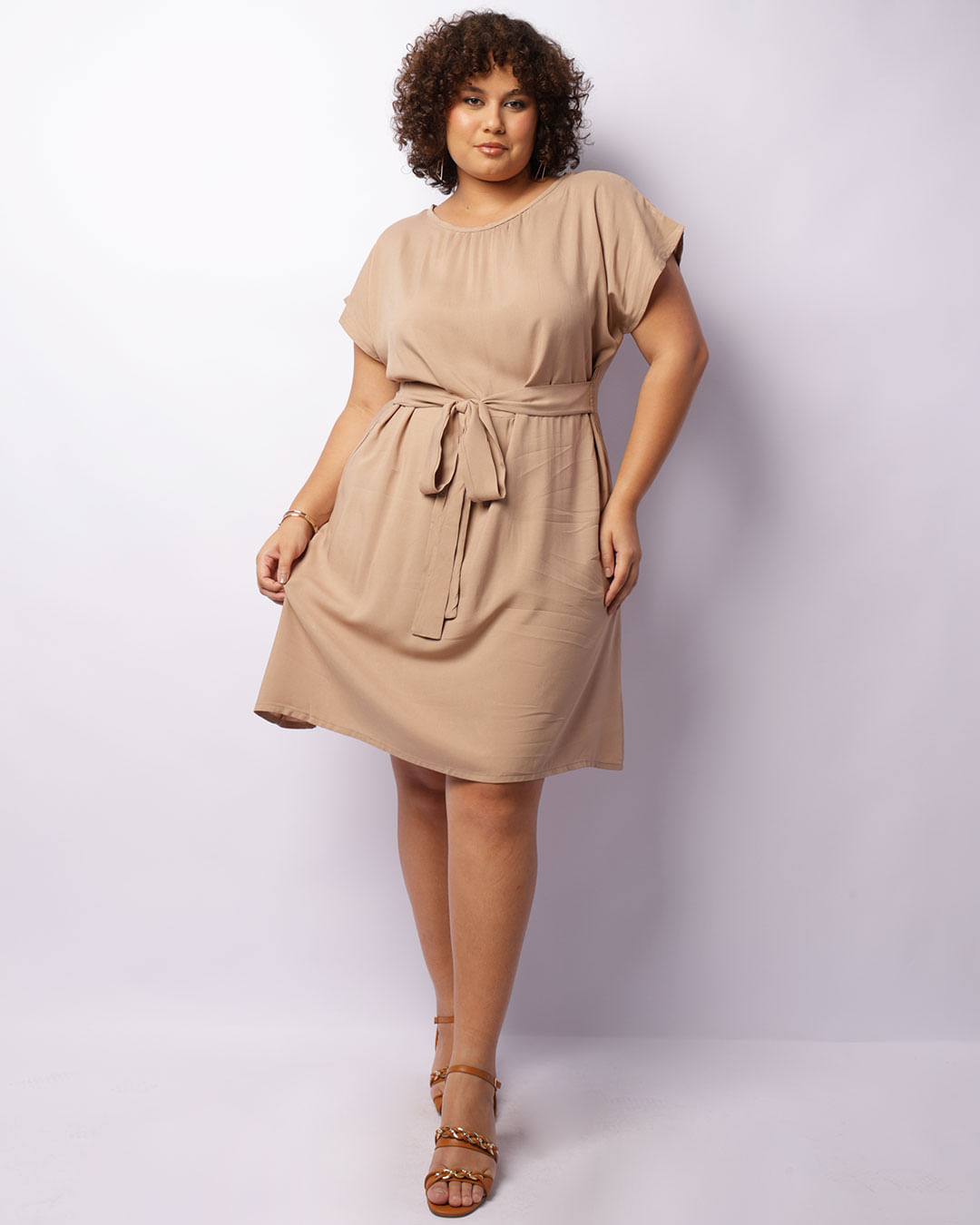 Vestido Plus Size Feminino Viscose Manga Curta Bege