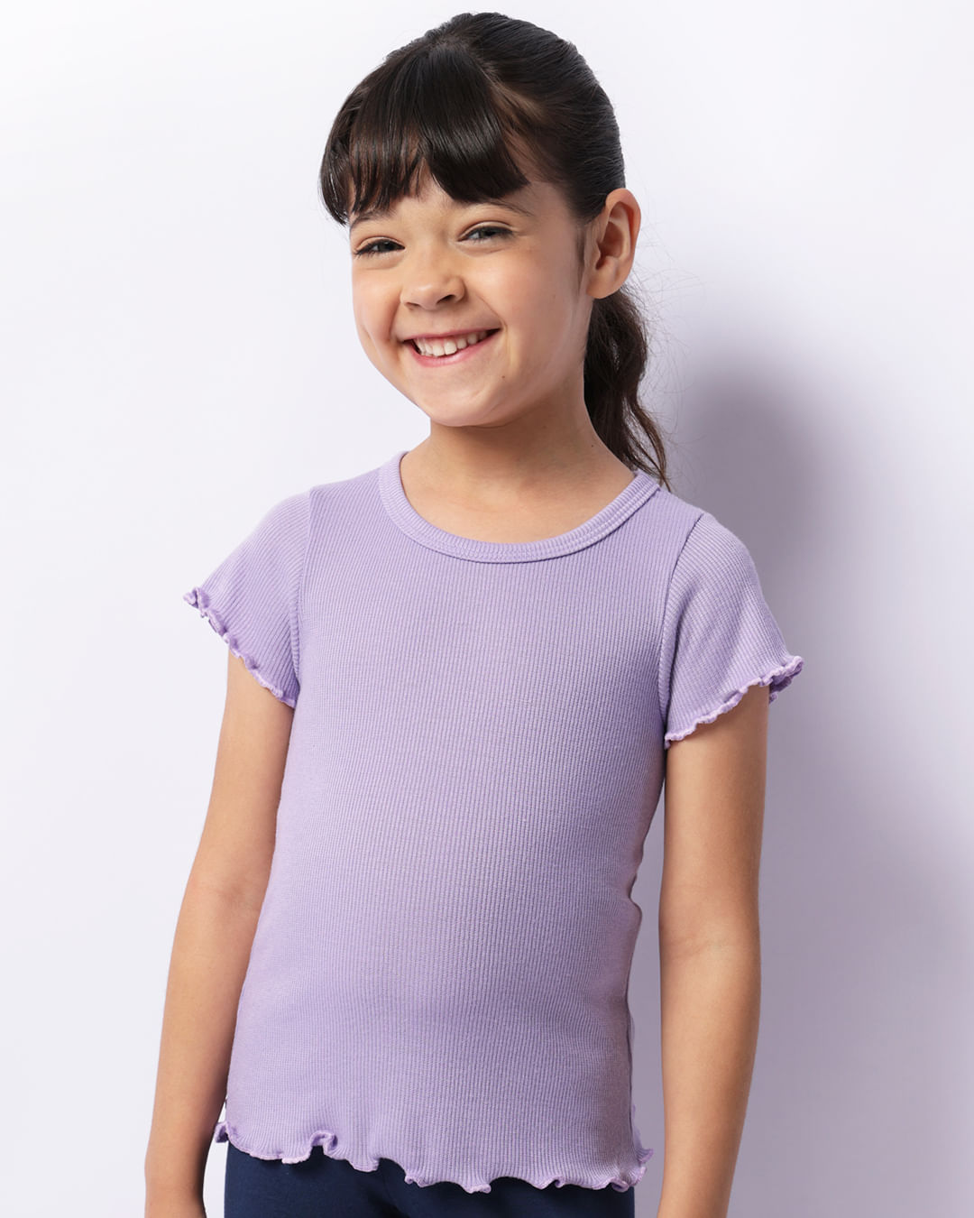 Blusa Infantil Manga Curta Frufru Canelada Lilás