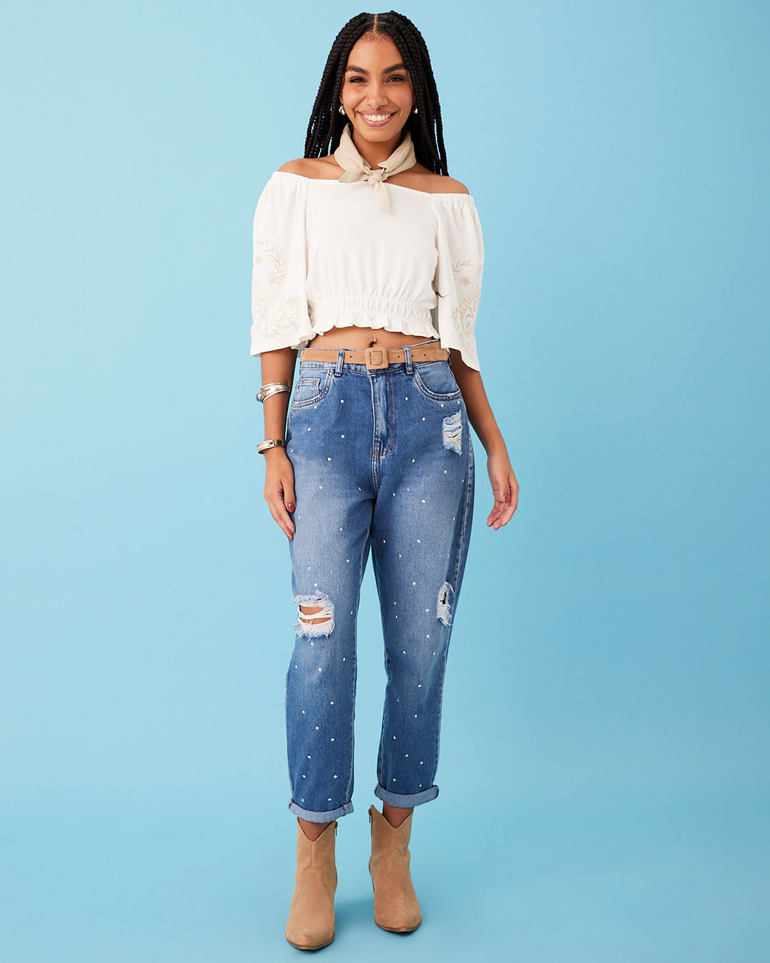 Calça Jeans Feminina Vizzy Mom Destroyed Azul