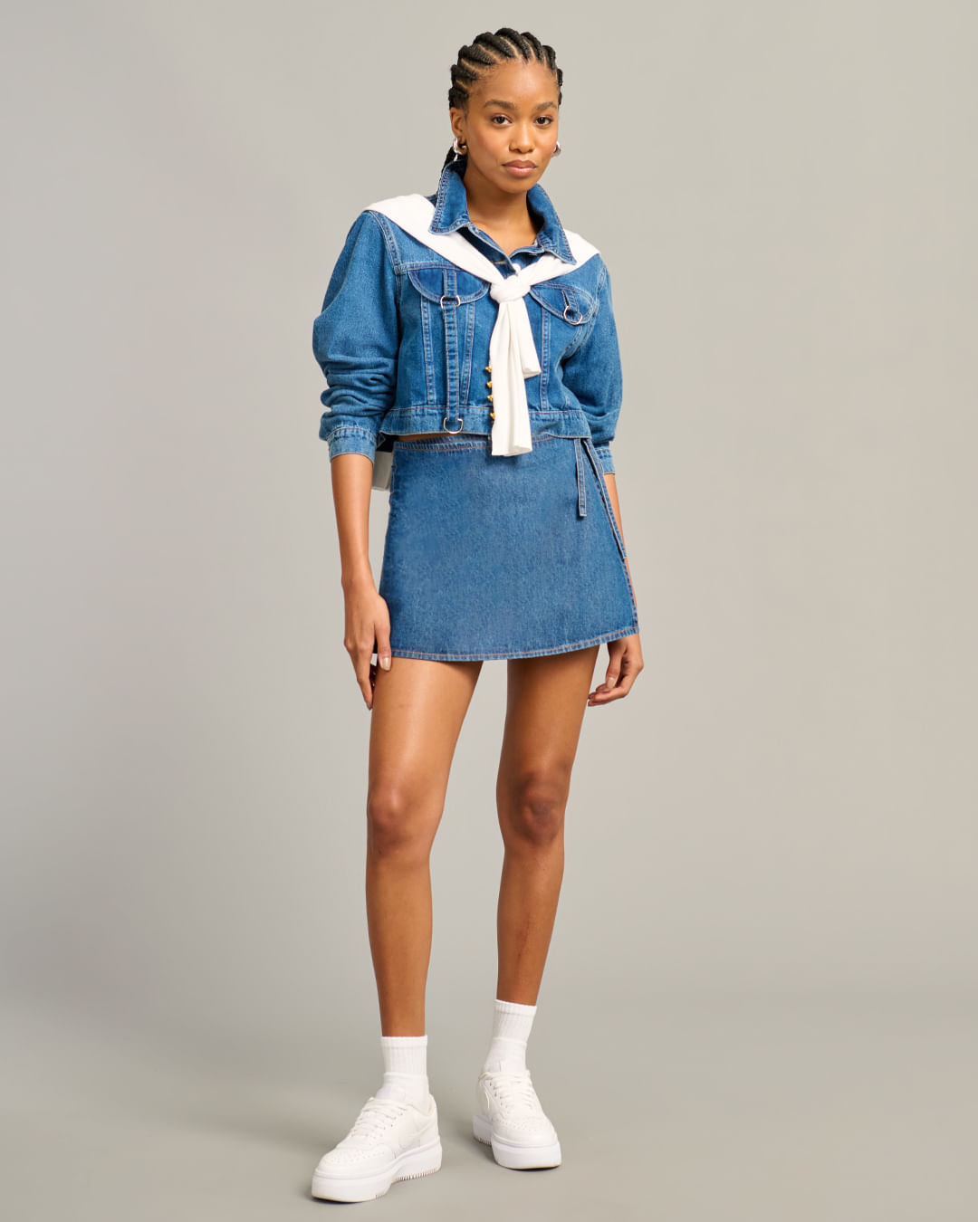 Short Saia Jeans Feminino Curto Com Amarração Azul