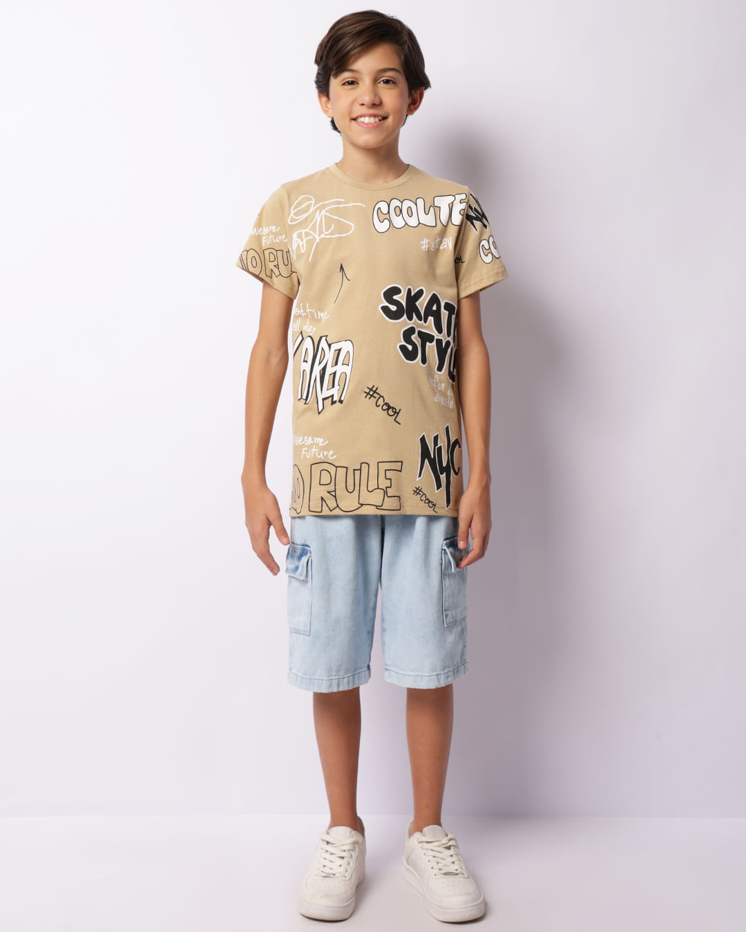 Bermuda Jeans Juvenil Reta Bolso Cargo Com Cordão Azul