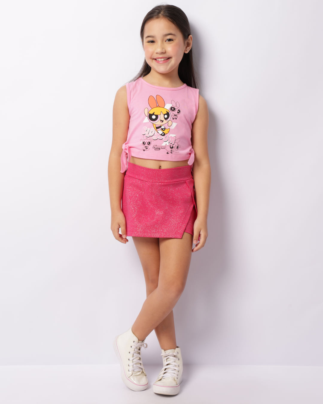 Short Saia Infantil Curto com Glitter e recorte Frontal Rosa