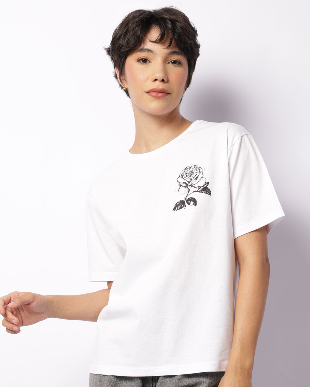 Camiseta Feminina Estampa Frente E Costas Manga Curta Branca