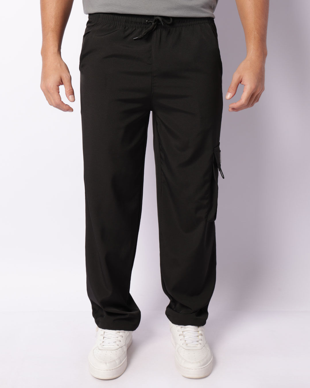 Calça Masculina Reta Bolso Cargo Com Cordão Preta