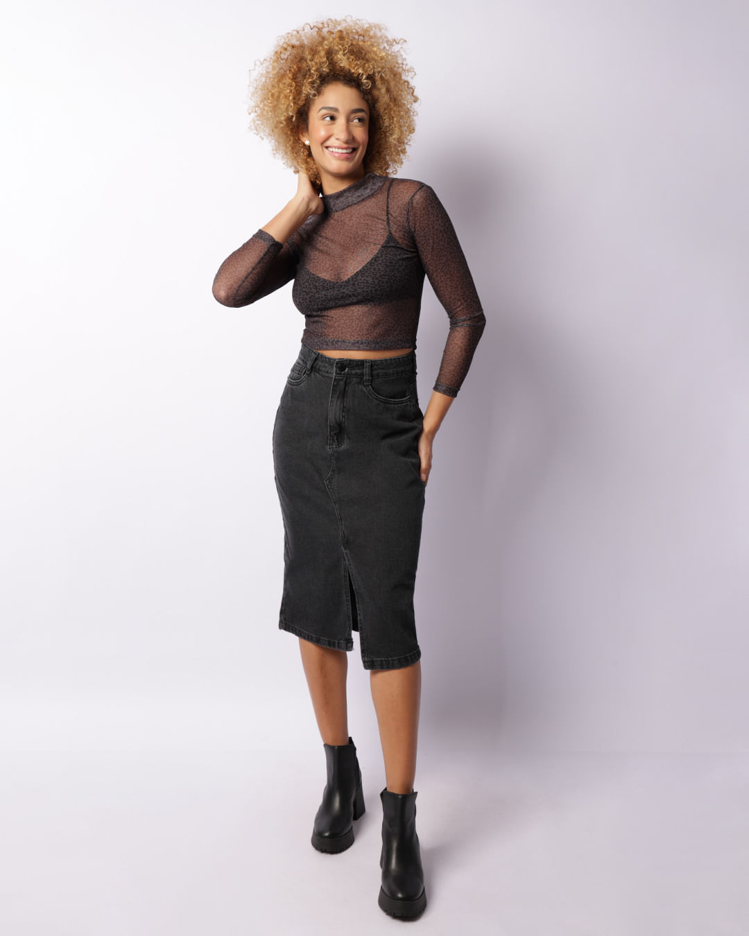 Saia Jeans Feminina Vizzy Midi Fenda Frontal Preta