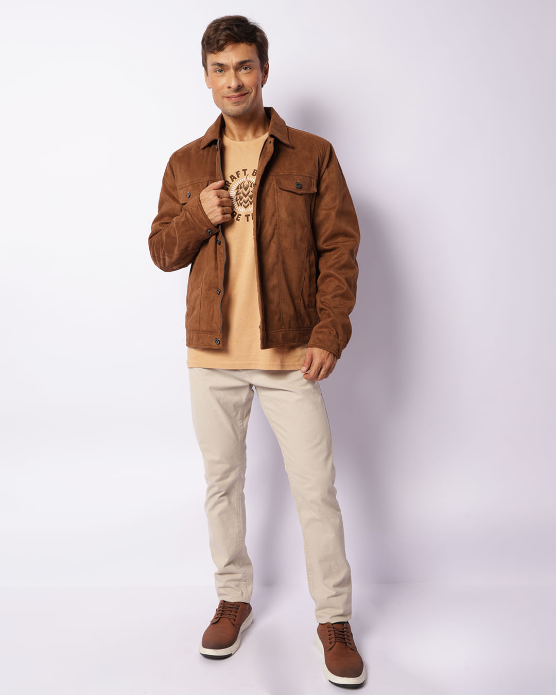 Jaqueta Masculina Suede Com Bolsos Marrom