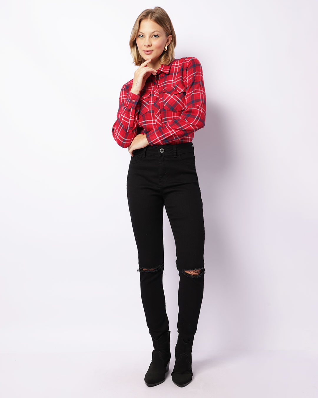 Calça Feminina Sarja Skinny Rasgos Preta