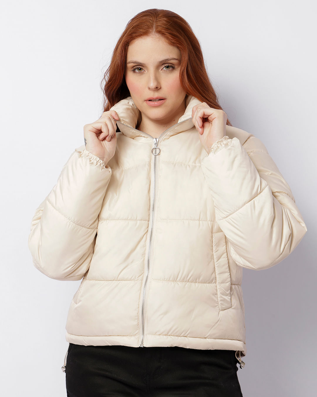 Jaqueta Feminina Puffer Cropped Bege