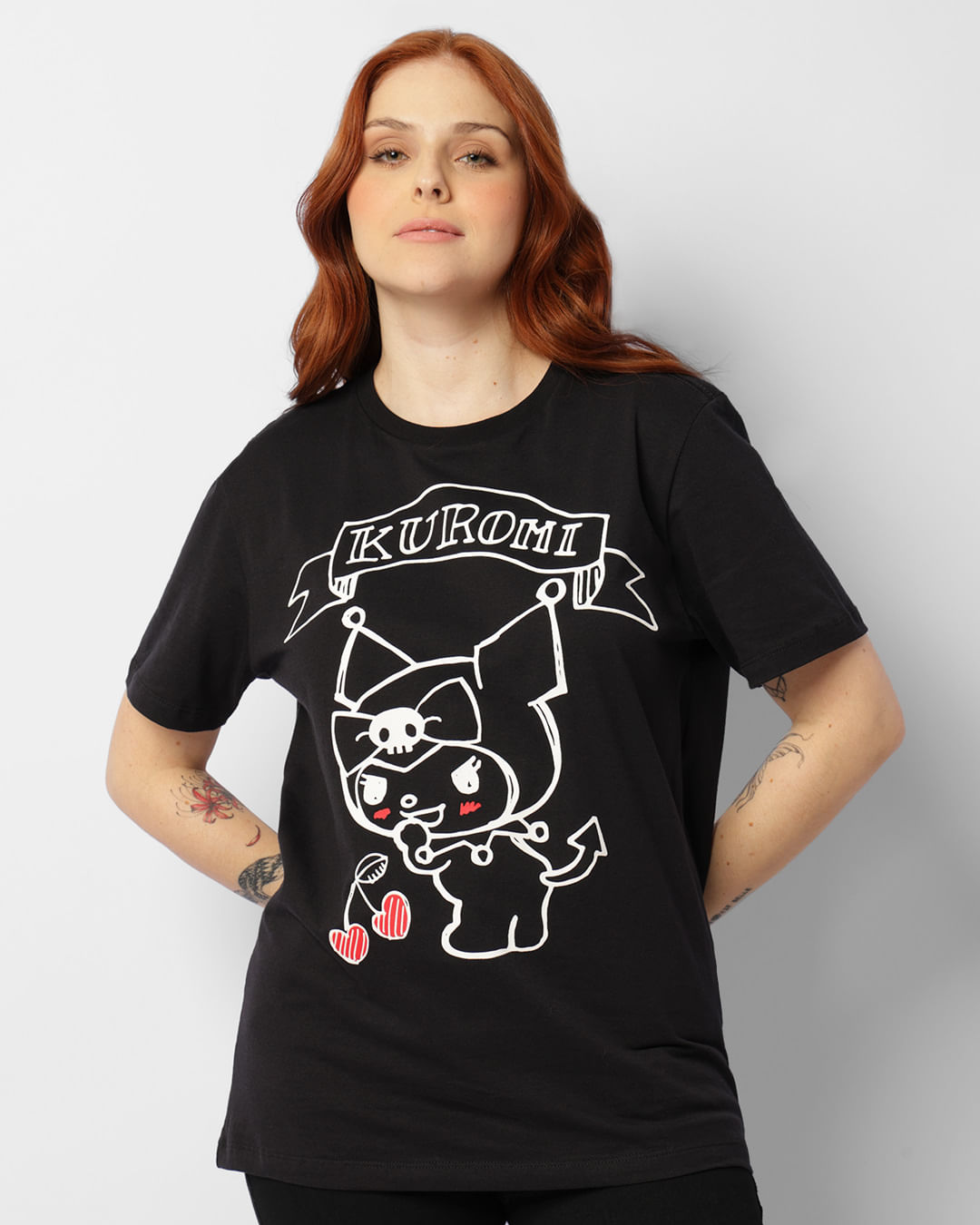 Camiseta Feminina Kuromi Frente E Verso Manga Curta Preta
