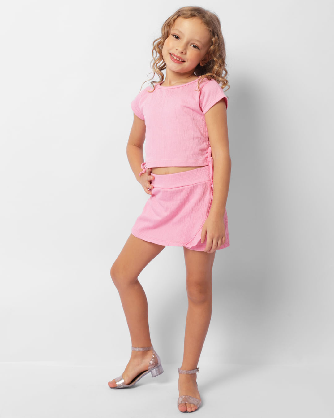 Short Saia Infantil Curto Anarruga Rosa