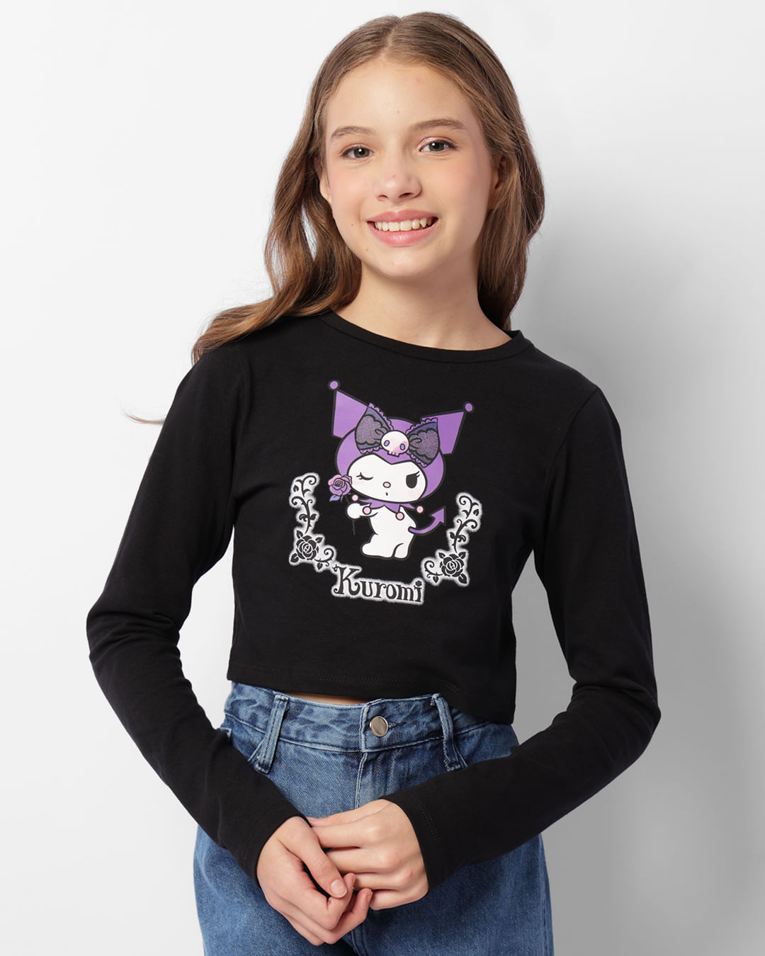 トップス Kurumi Blusa Juvenil Cropped Kuromi Sanrio Manga Longa Preta