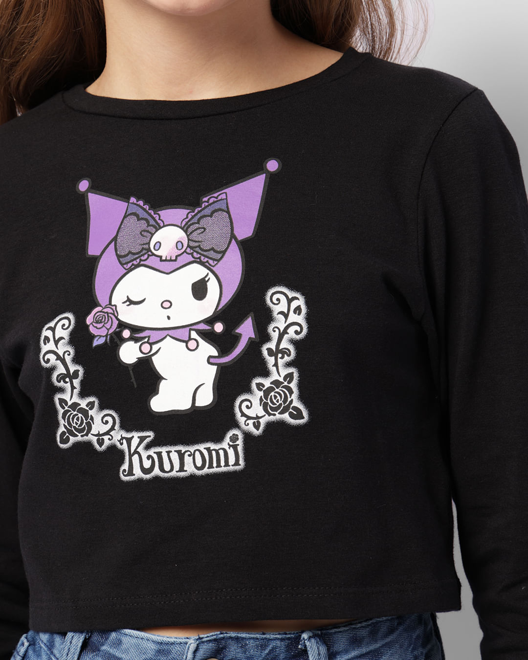 トップス Kurumi Blusa Juvenil Cropped Kuromi Sanrio Manga Longa Preta