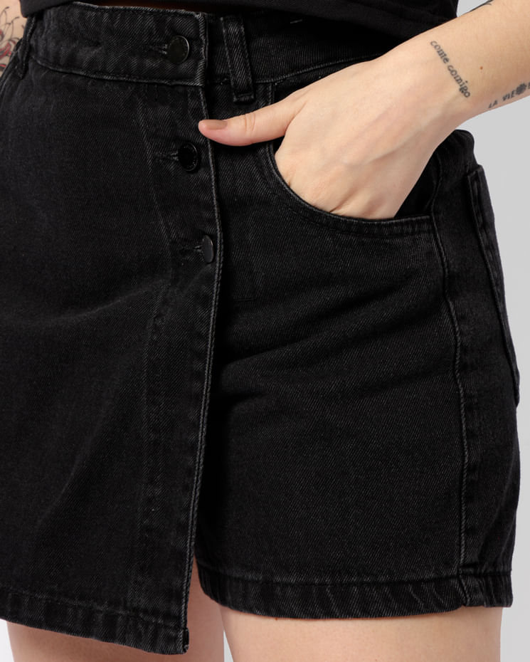 Short Saia Jeans Feminino Vizzy Curto Com Botões Preto