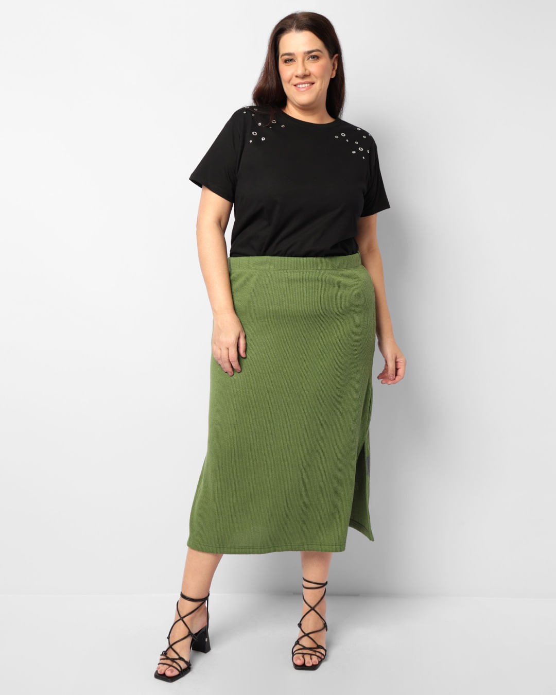 Saia Plus Size Feminina Midi Com Fenda Texturizada Verde