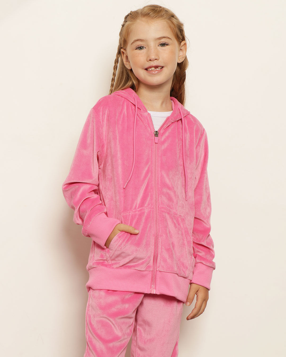 Jaqueta Infantil Plush Bolsos Com Capuz Rosa