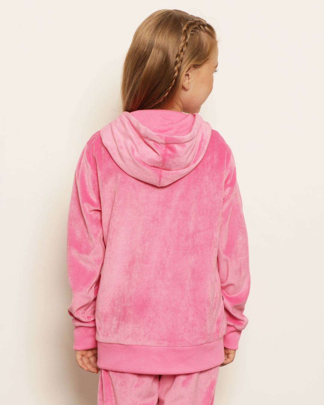 Jaqueta Infantil Plush Bolsos Com Capuz Rosa