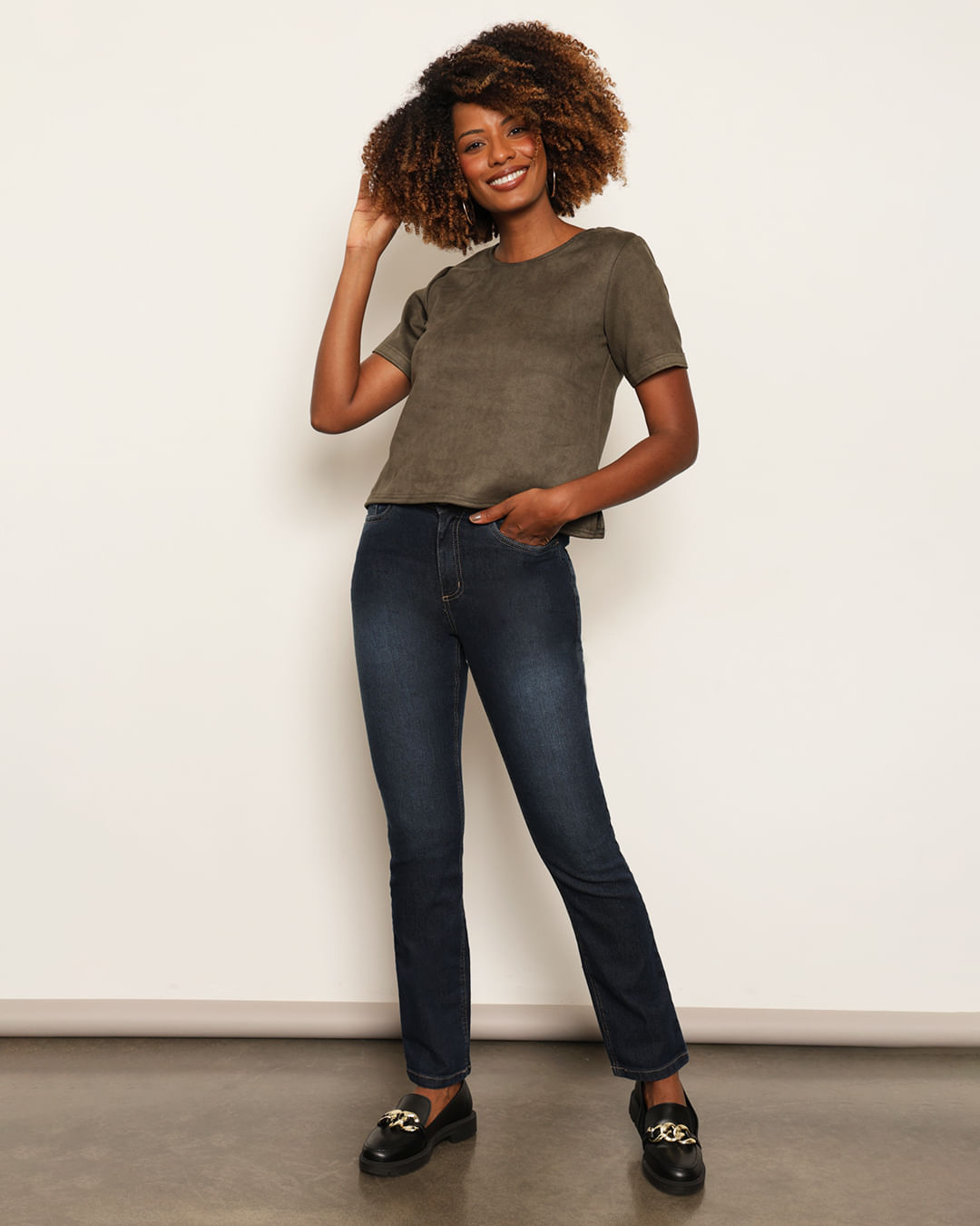 Calça Jeans Feminina Reta Com Bolsos Azul