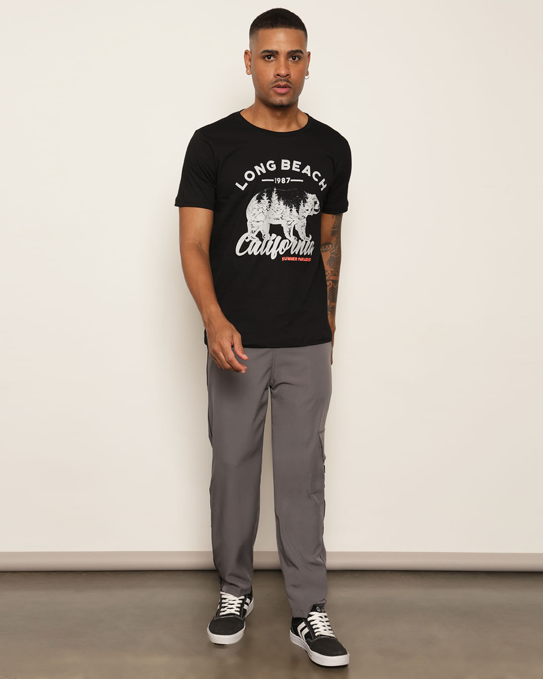 Calça Masculina Reta Bolso Cargo Cinza