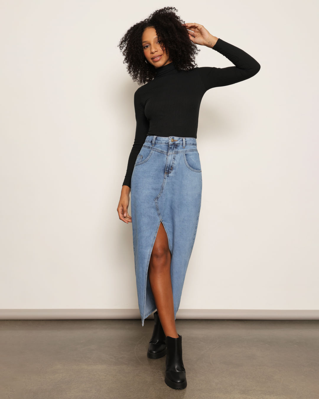 Saia Jeans Longa Fenda Frontal Saia Jeans Midi Para Baixinhas