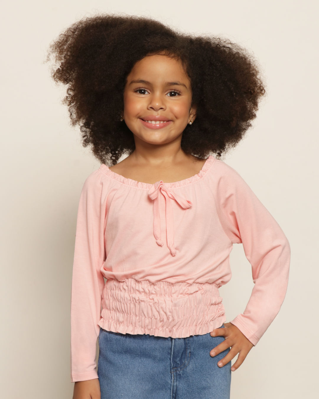 Blusa Infantil Manga Longa Cordão Com Lastex Rosa