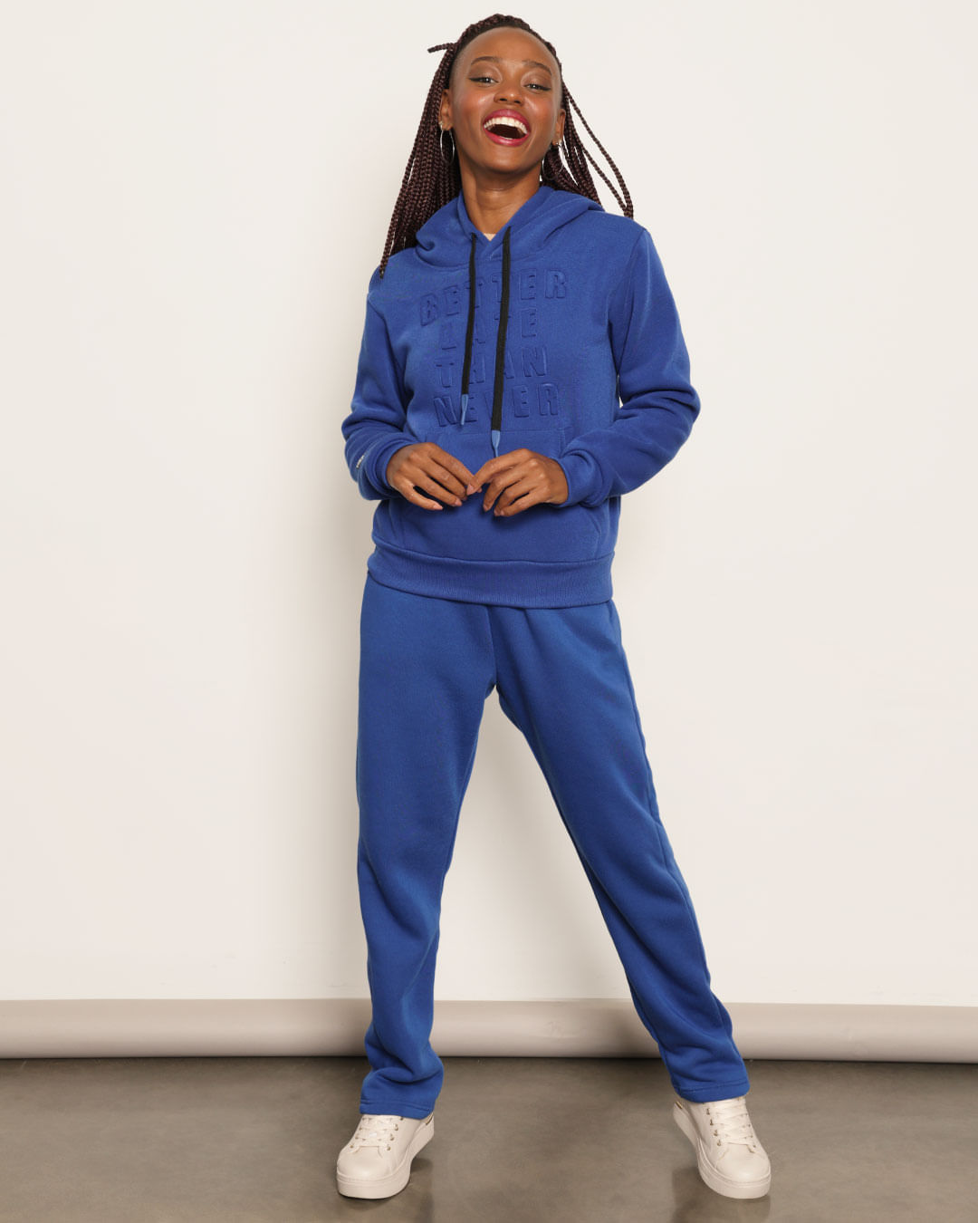 Blusão Moletom Feminino Peluciado Bolso Canguru Com Capuz Azul