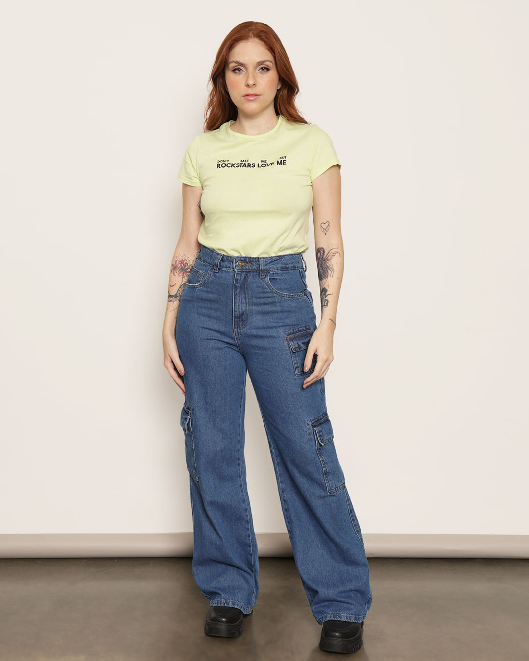 Calça Jeans Feminina Vizzy Wide Leg Bolso Cargo Azul