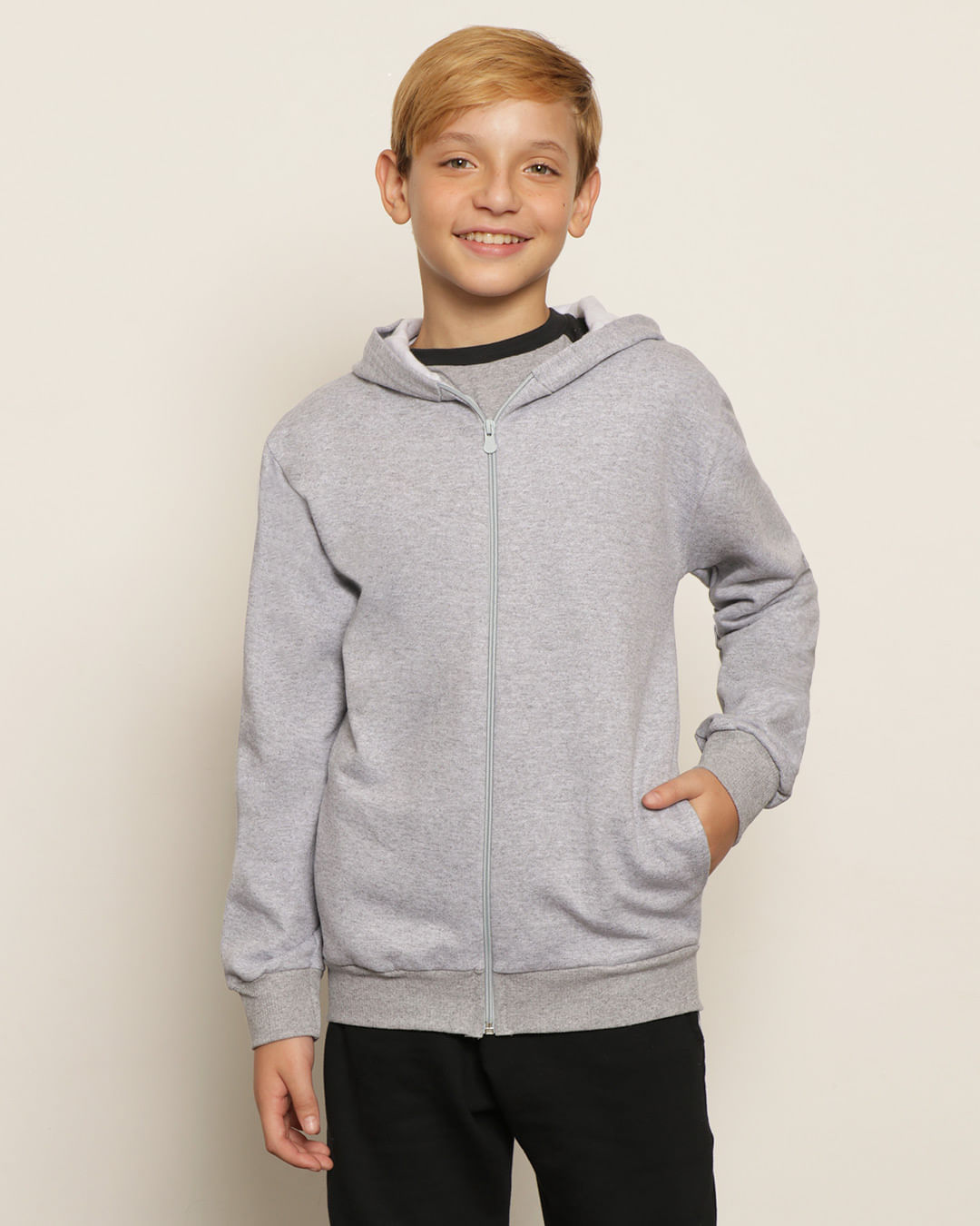 Jaqueta Moletom Juvenil Com Capuz Cinza