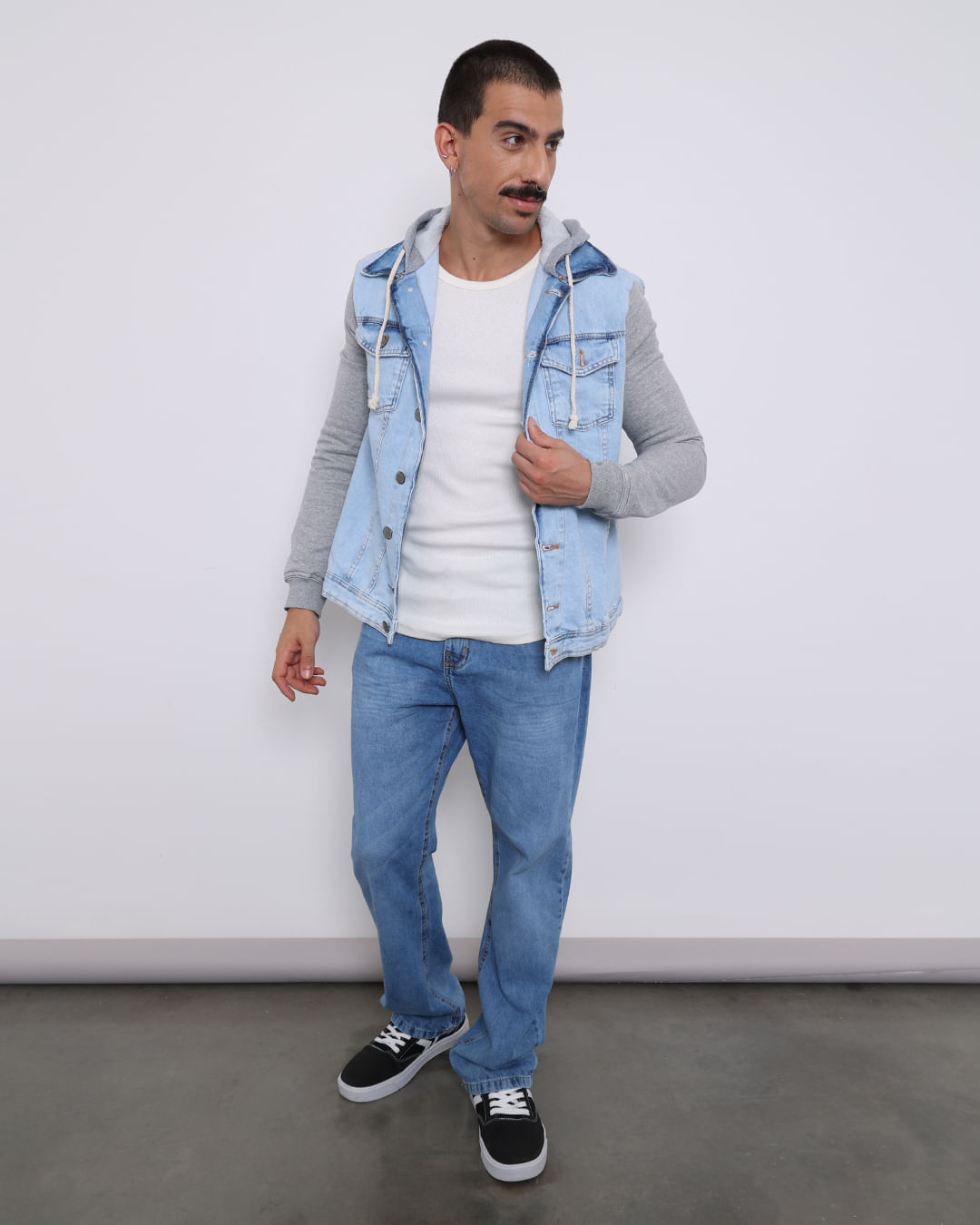 Jaqueta Jeans Masculina Manga Longa Com Capuz Azul