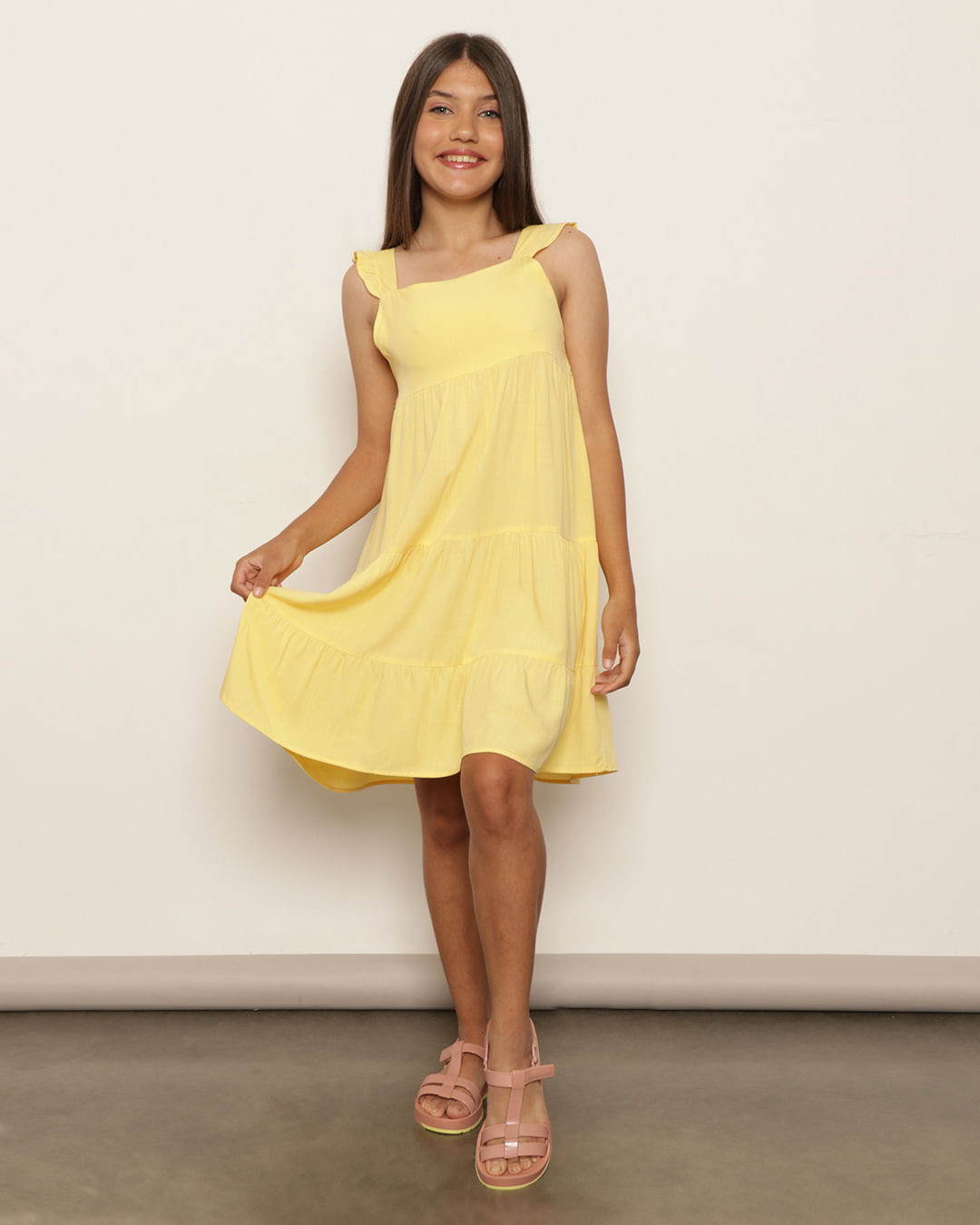 Vestido Juvenil Curto Viscose Três Marias Amarelo