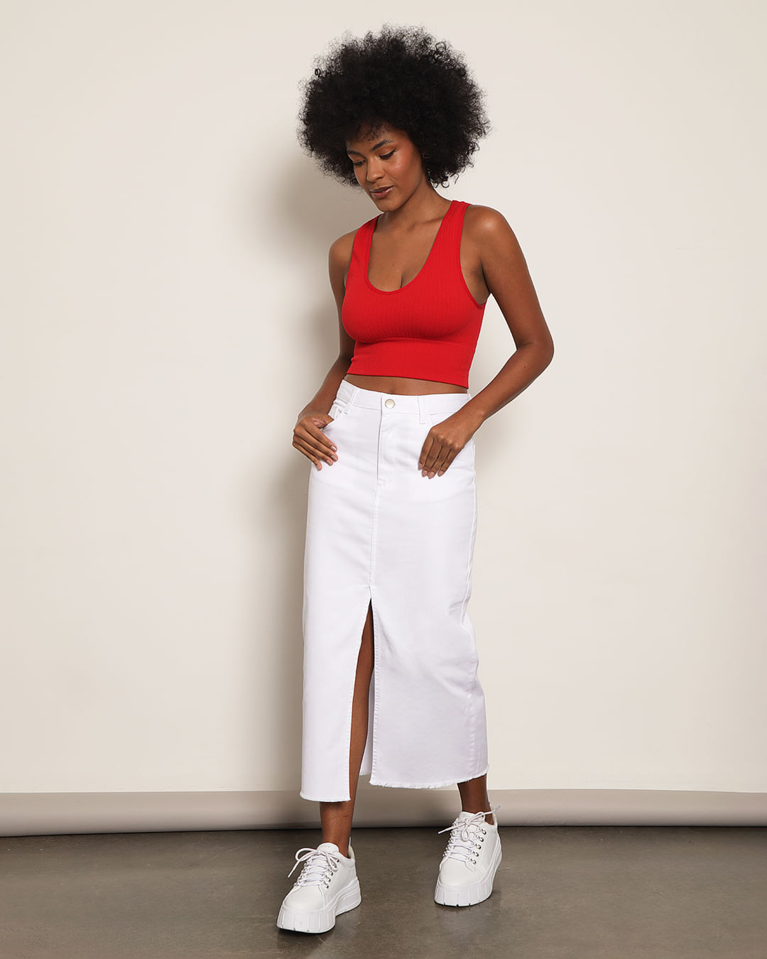 Roupas Saia Jeans Branca Desfiada Saia Feminina Sarja Midi Fenda