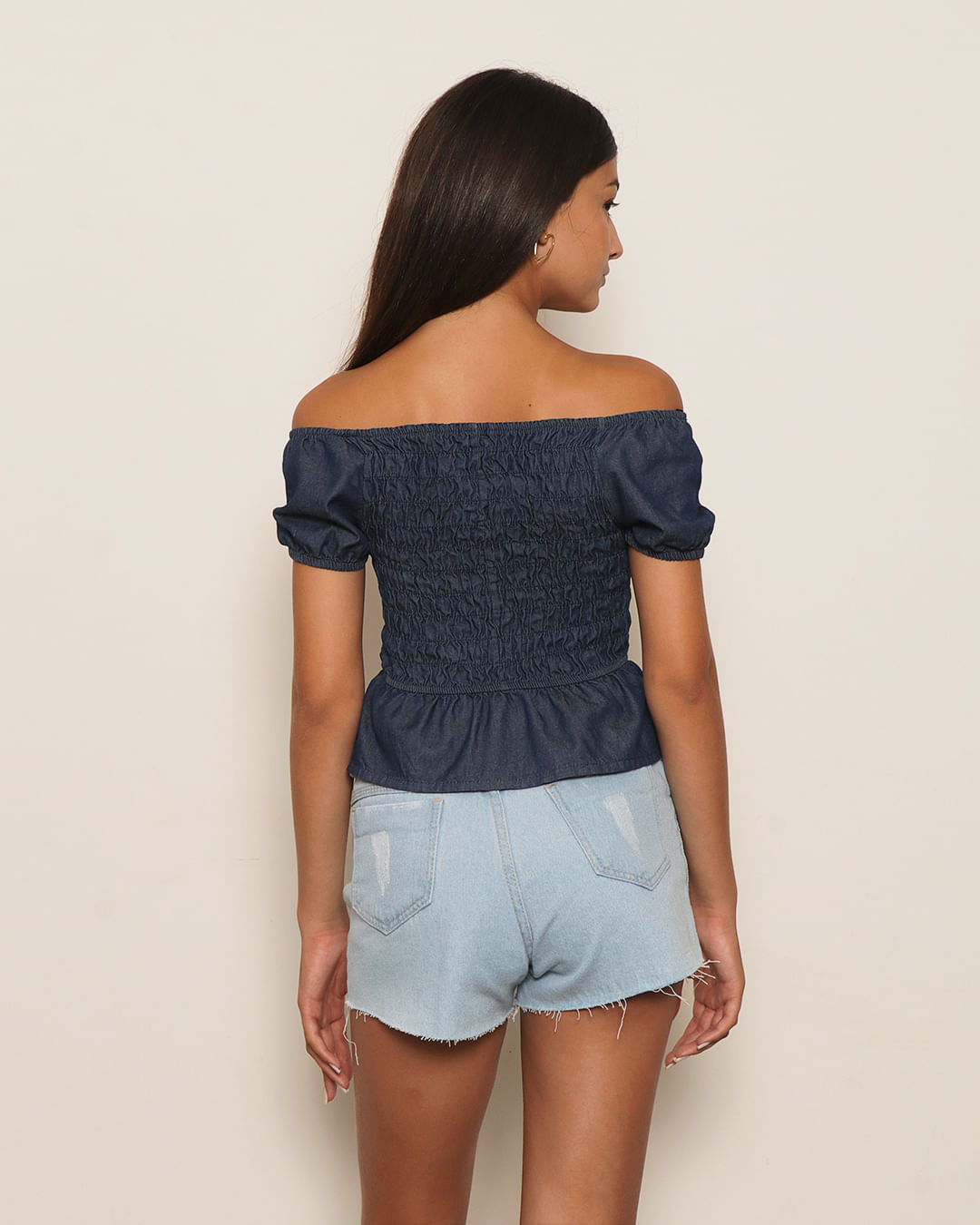 Blusa Jeans Juvenil Ciganinha Com Lastex Azul