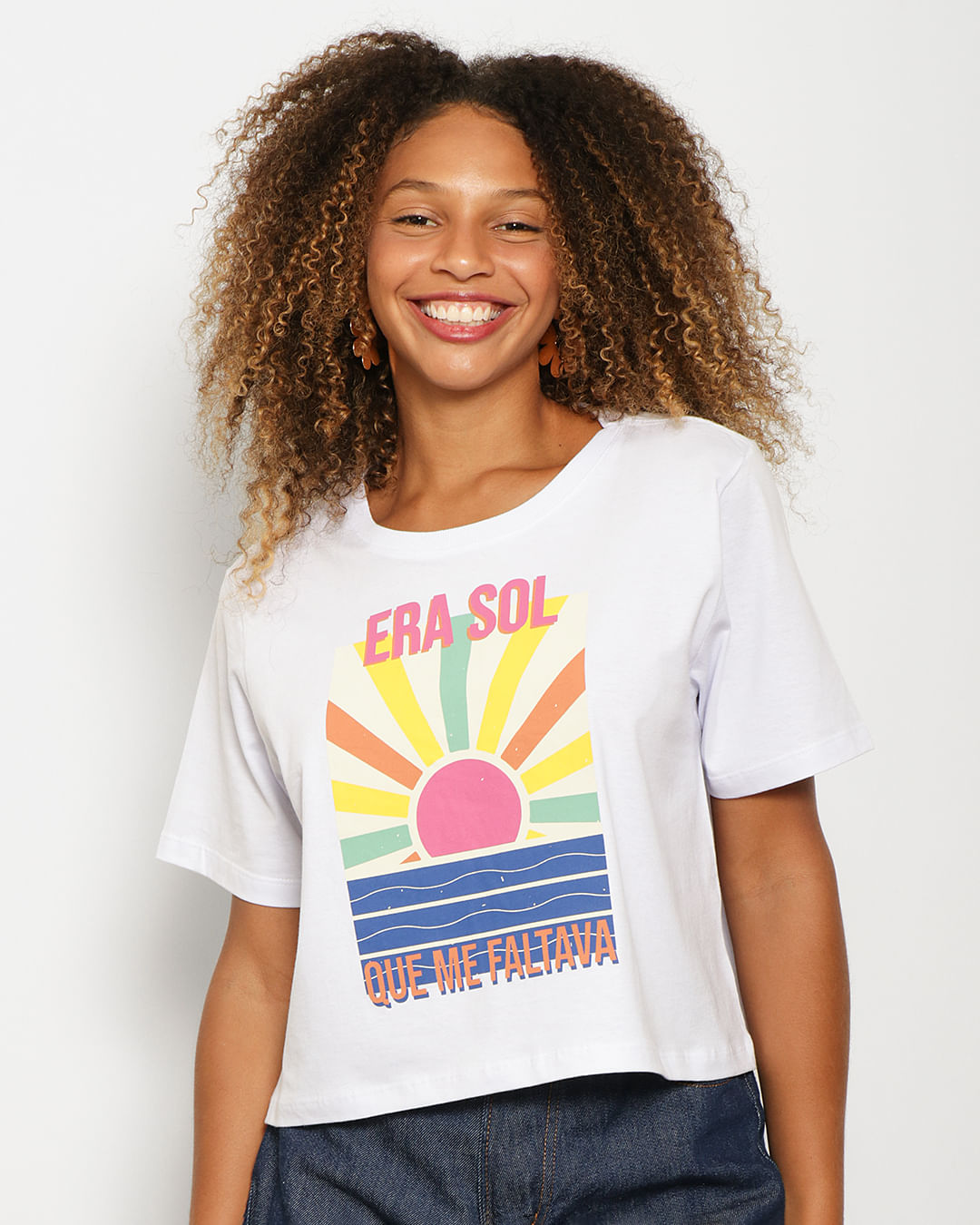 Blusa Feminina Cropped Manga Curta Estampa Era Sol Que Me Faltava Branca