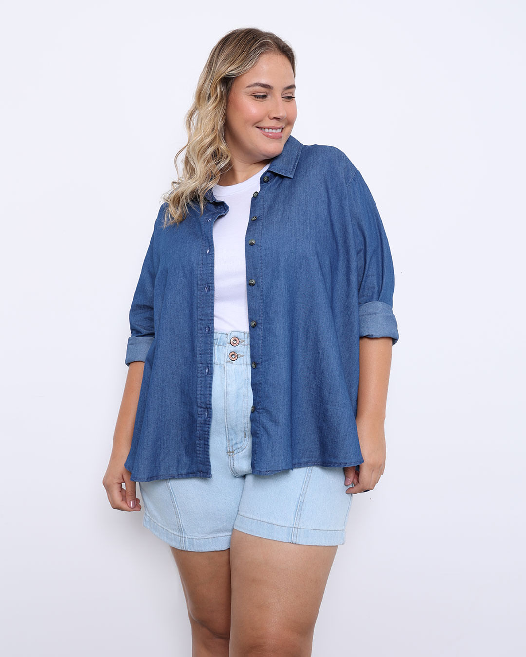 Plus Size Camisa Jeans Com Lycra Feminina Calça Jeans Feminina