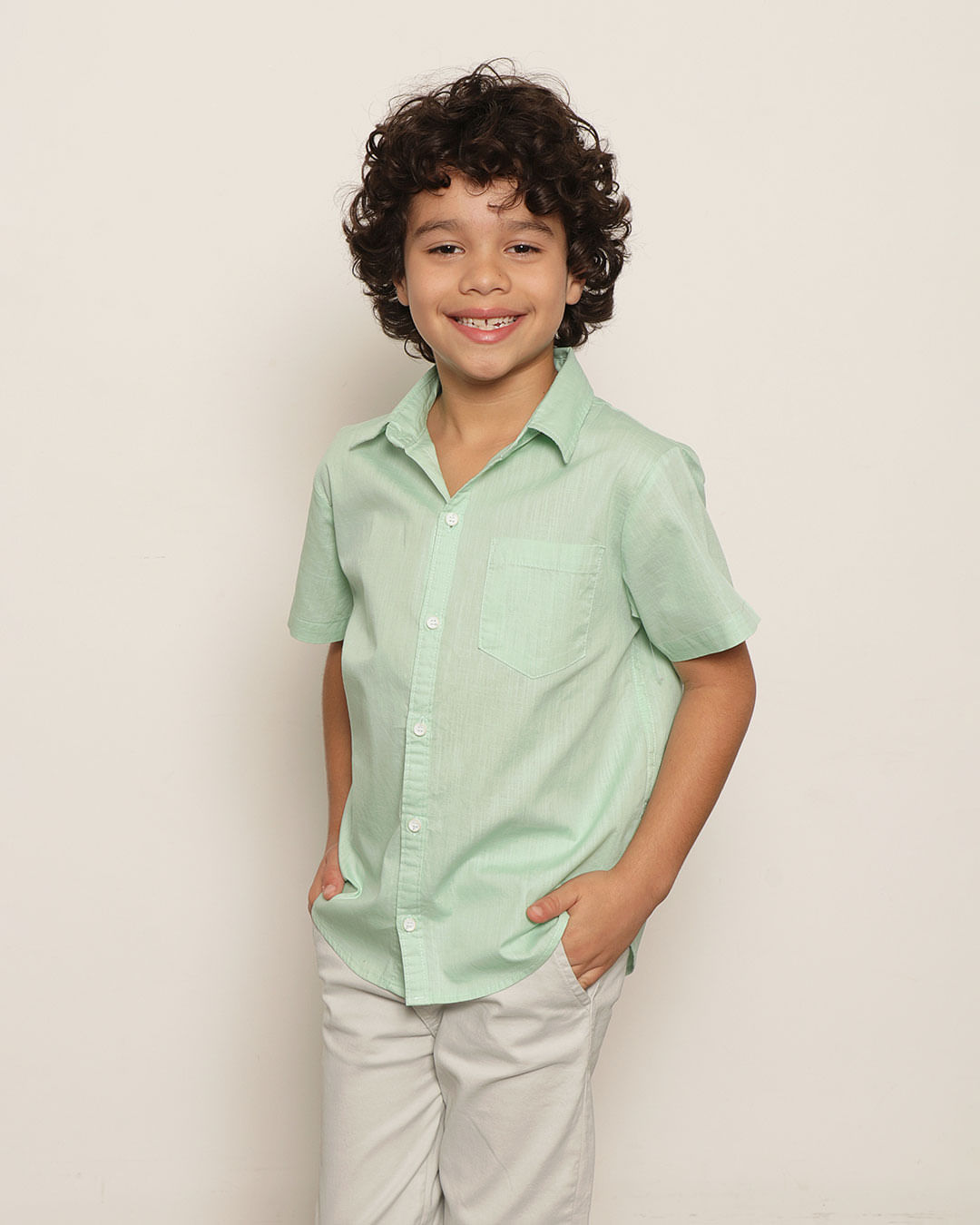 Camisa Infantil Menino Manga Curta Com Botão Básica Verde