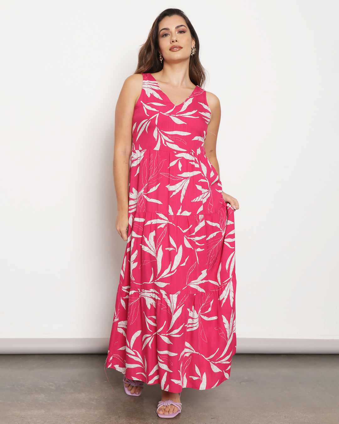 Vestido Feminino Alcinha Longo Com Estampa Floral Rosa