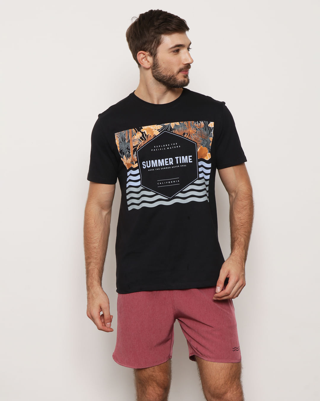 Camiseta Masculina Surf Manga Curta Estampa Summer Time Preta