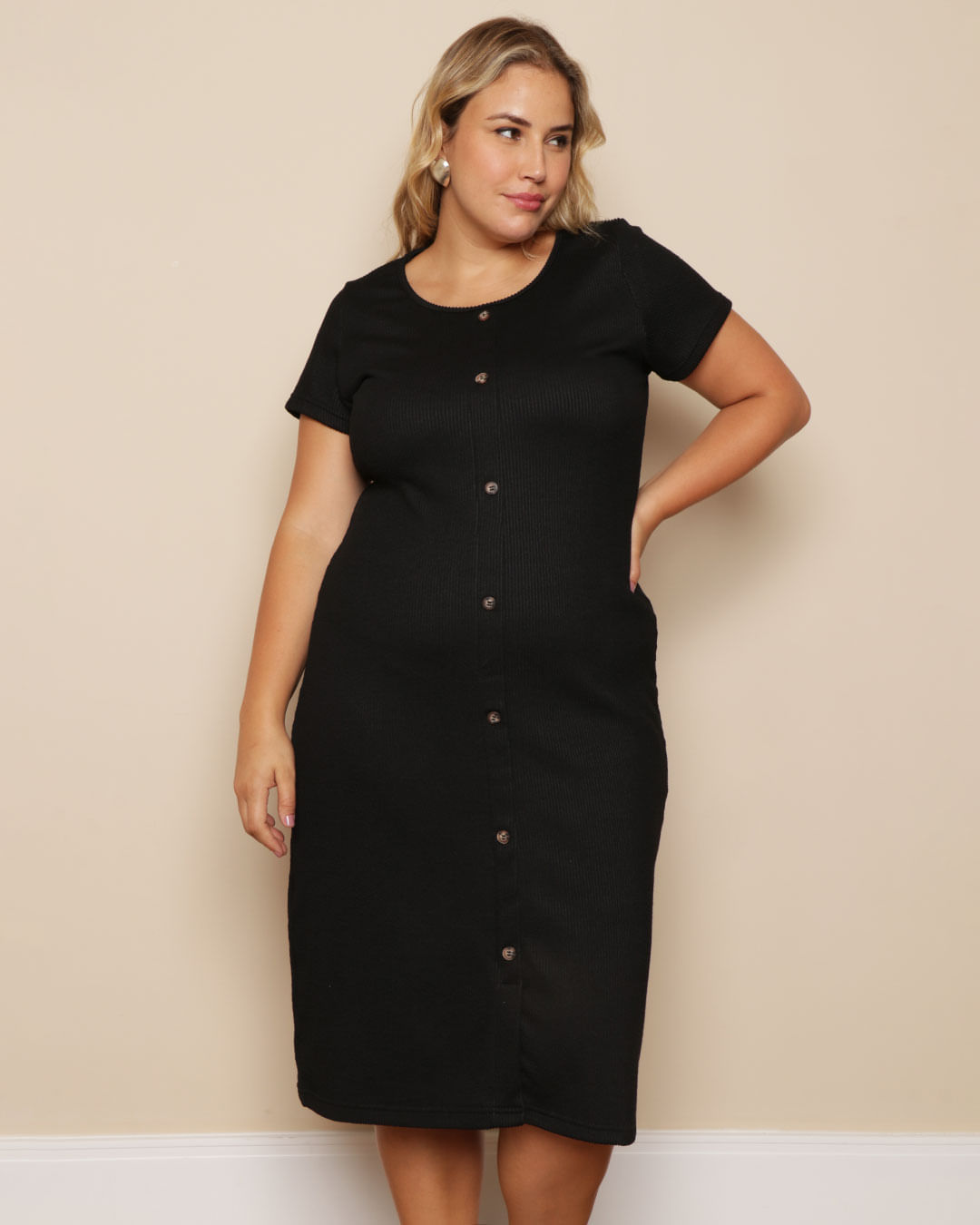 Vestido Feminino Vestido Canelado Botoes Vestido Plus Size