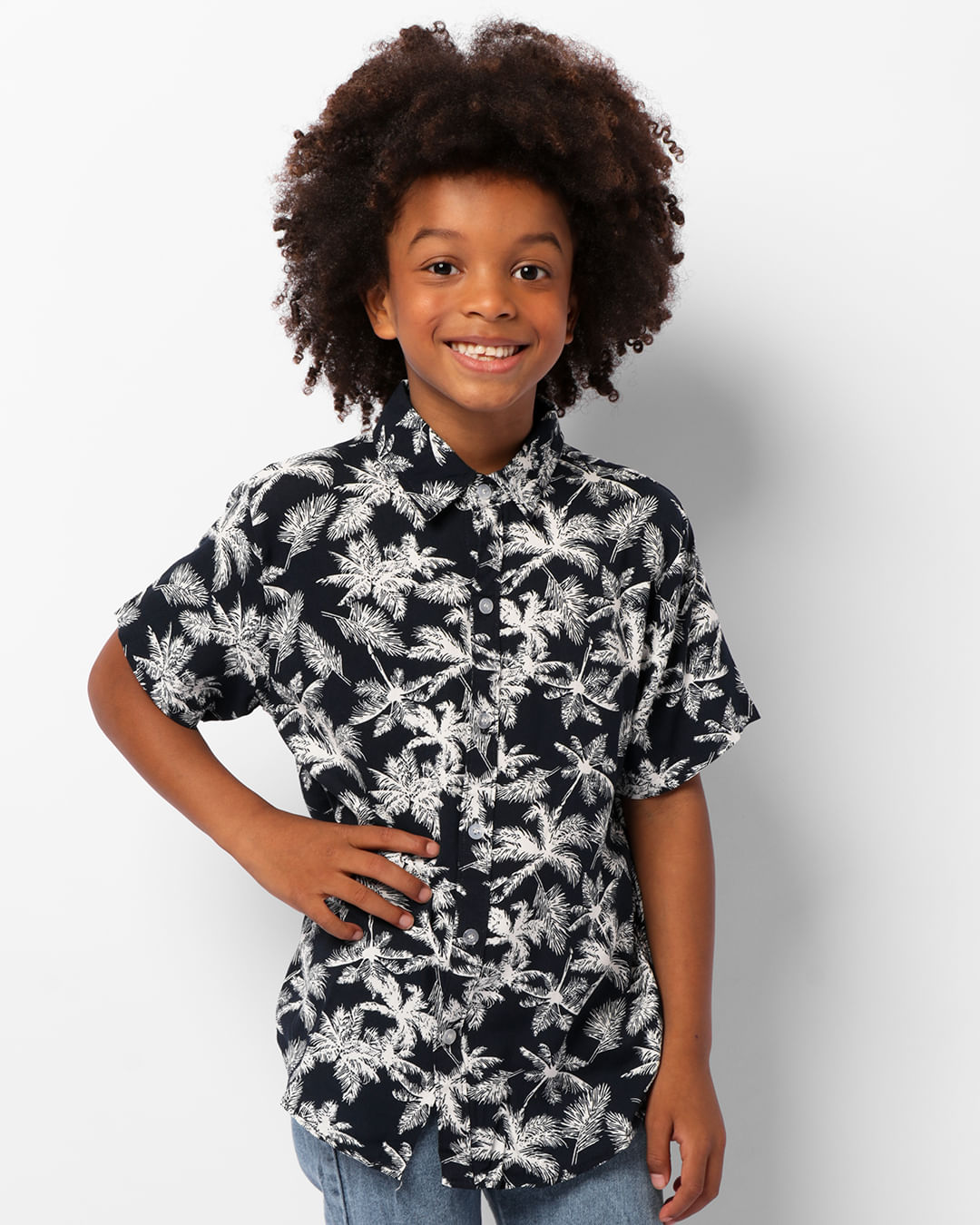 Camisa Infantil Manga Curta Viscose Estampa Coqueiros Marinho