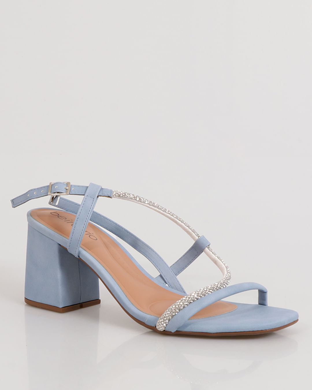 Sandália Feminina Beira Rio Tira Strass Salto Bloco Azul Claro