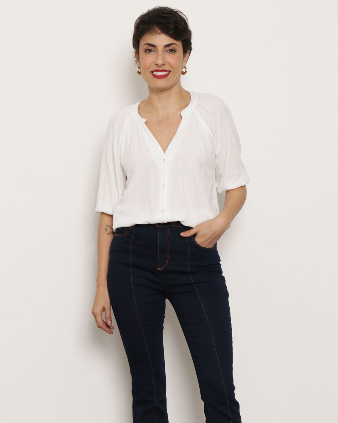 Camisa Feminina Berry Manga 3/4 Gola Padre Viscose Off White