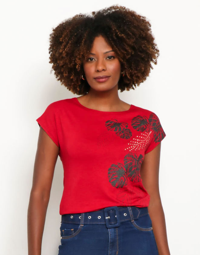 Blusa Feminina Manga Japonesa Estampa Folhagem Aplique Vermelha
