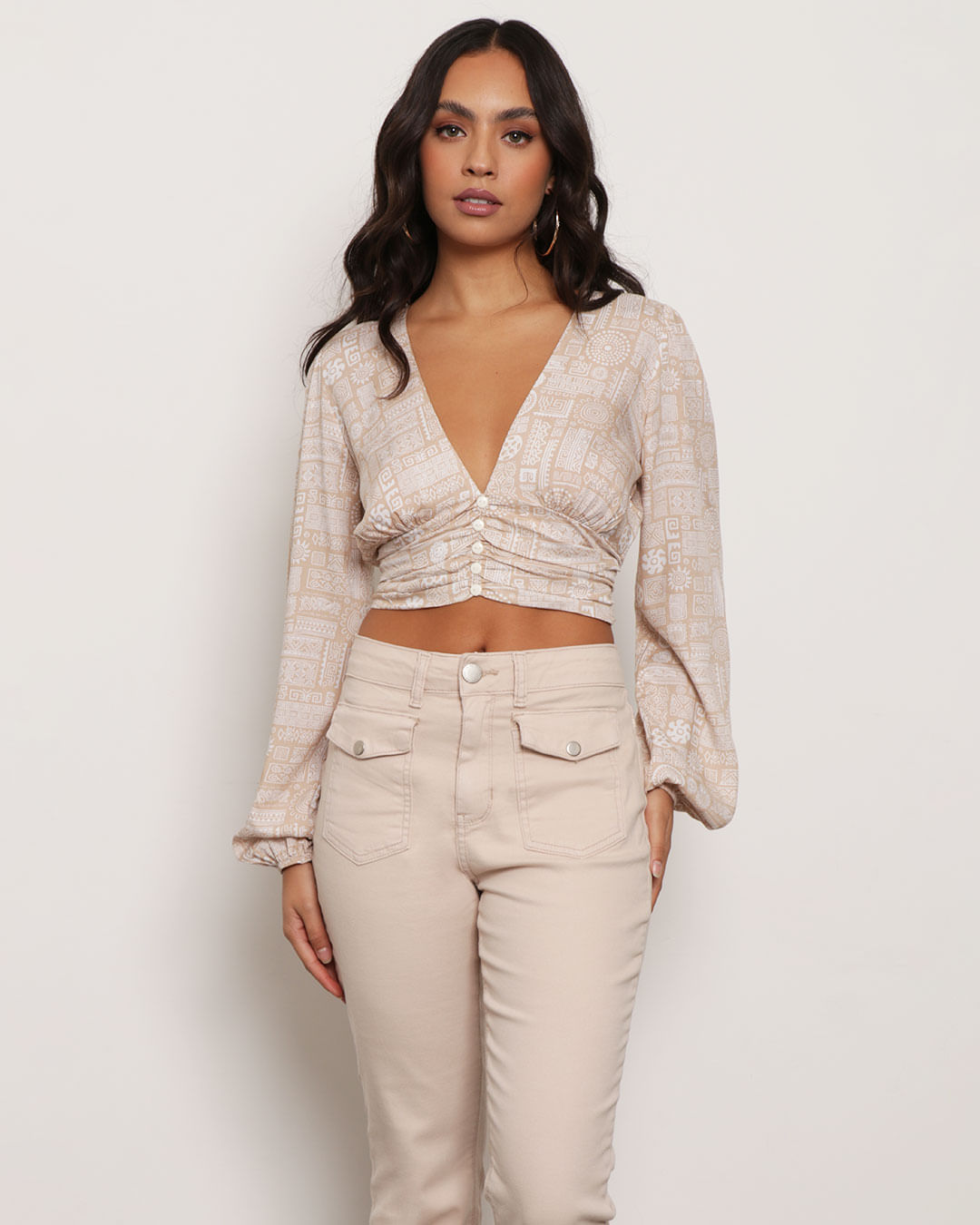 Blusa Feminina Cropped Manga Longa Viscose Estampada Bege