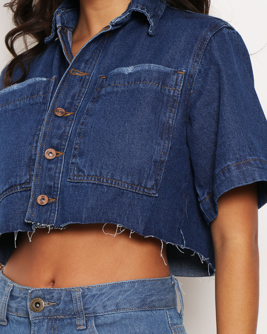 Camisa Jeans Feminina Cropped Manga Curta Azul