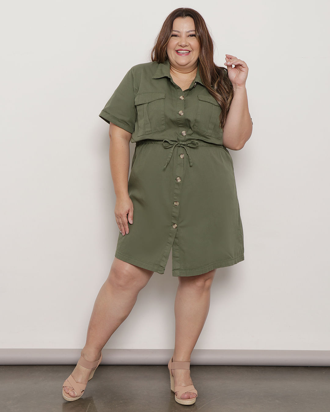 Vestido Feminino Sarja Manga Curta Botões Verde