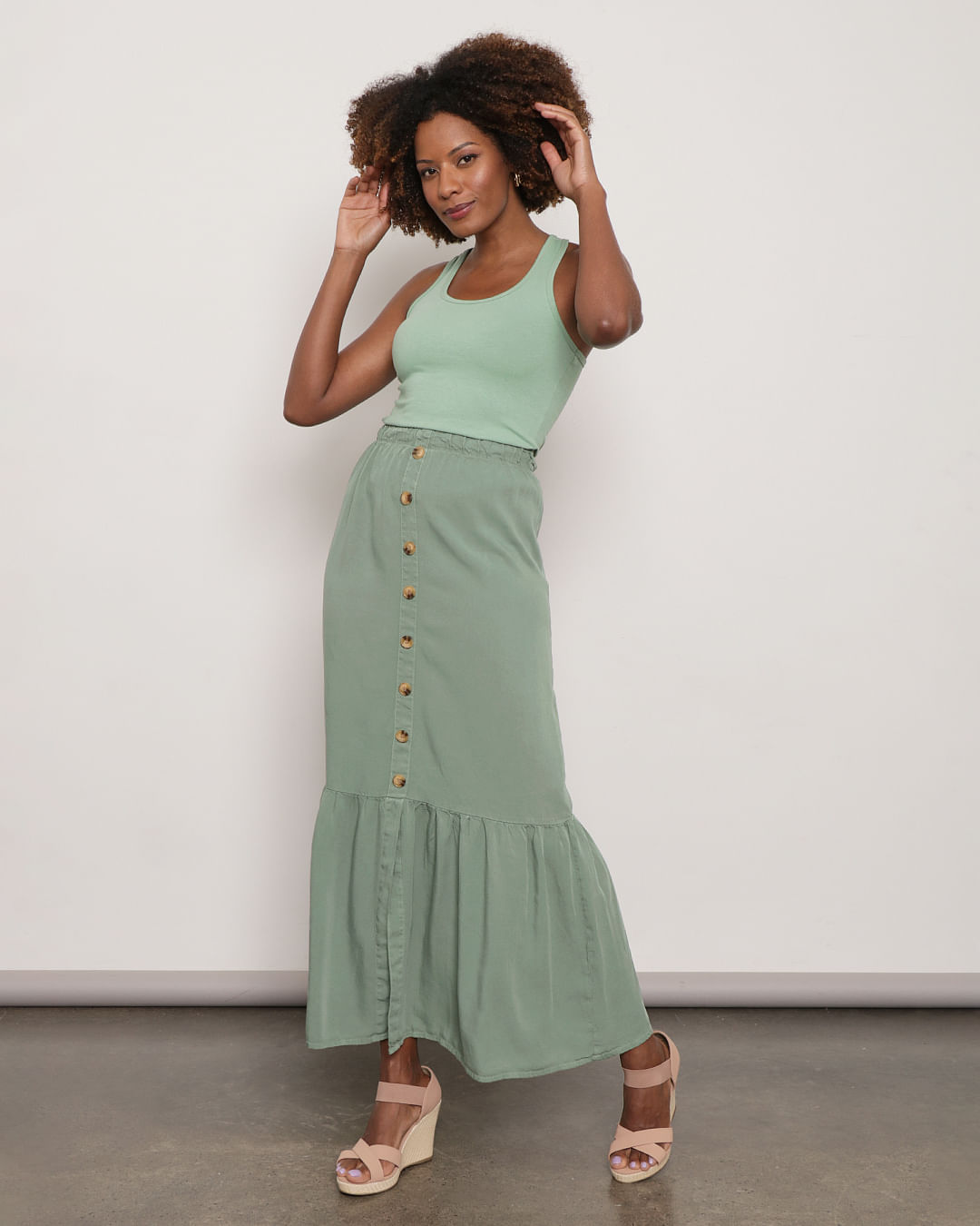 Saia Feminina Longa Liocel Botões Fenda Verde