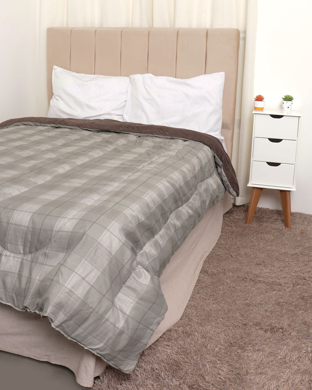 Coberdrom Casal Plush Combo Soft Slim - Cinza Xadrez