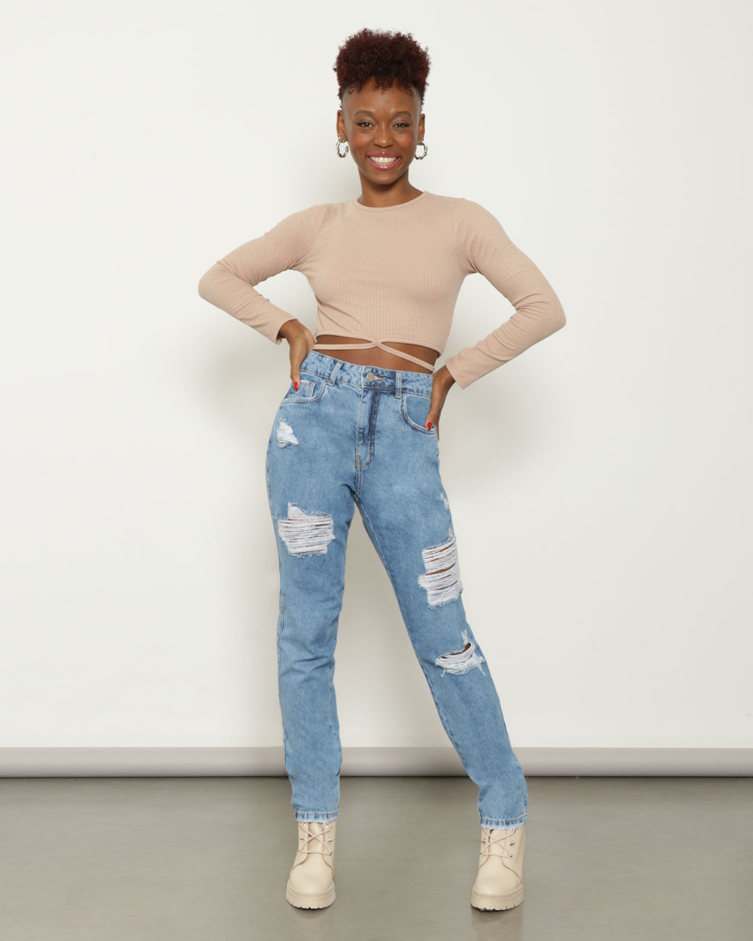 Feminina Mom CalÃ§a Mom Jeans Rasgada Look Com Calça Mom Jeans E